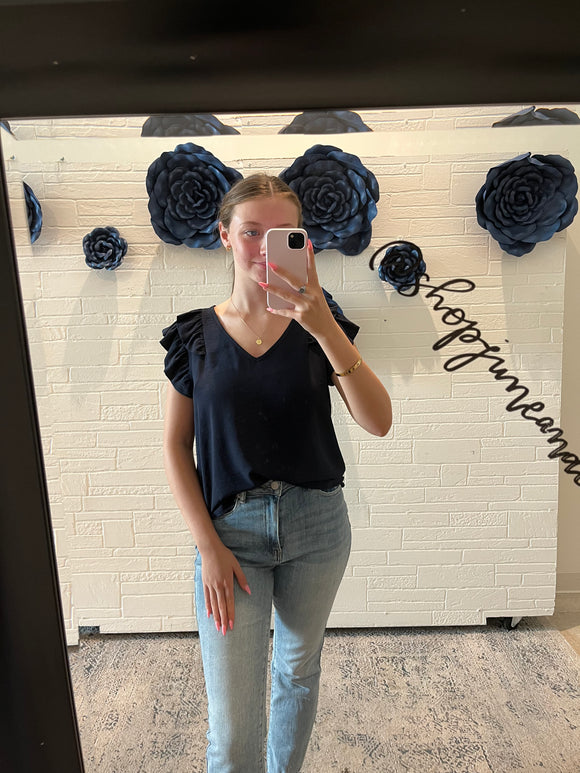 Navy ruffled v neck top