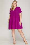 Magenta Drop Sleeve Woven Dress