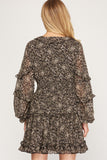 Black floral long sleeve ruffle dress