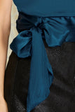 Teal one shoulder long sleeve satin blouse