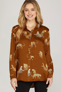 toffee silk leopard print button up top