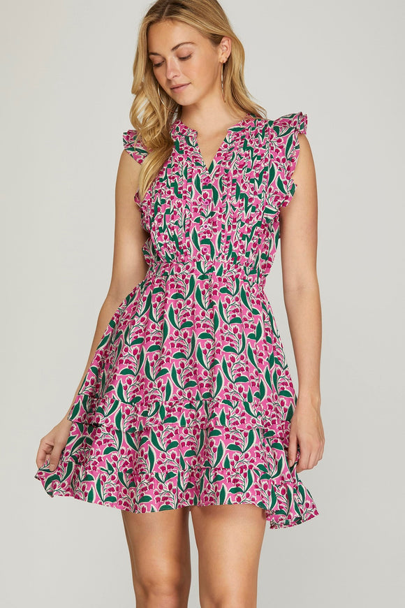 Pink Green Floral Ruffle Dress