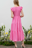 pink v neck smocked midi dress