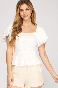White Flutter Sleeve Smocked Top