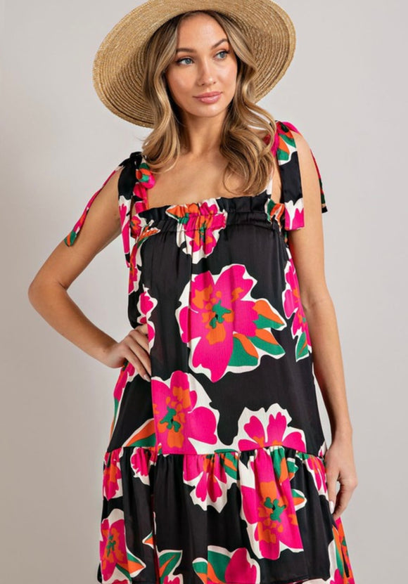 black and pink floral tie dress