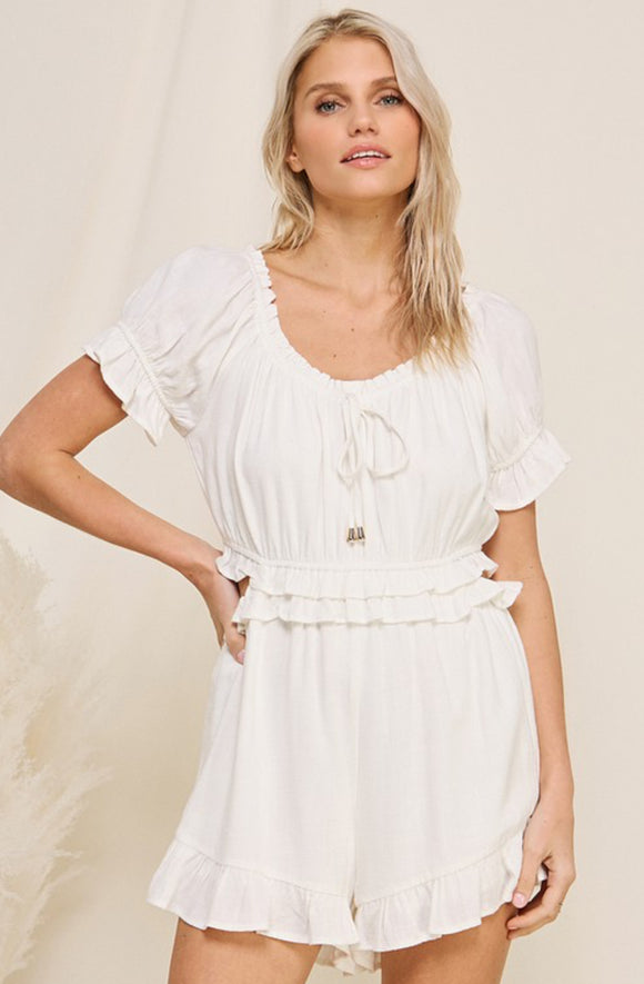 white linen ruffle romper