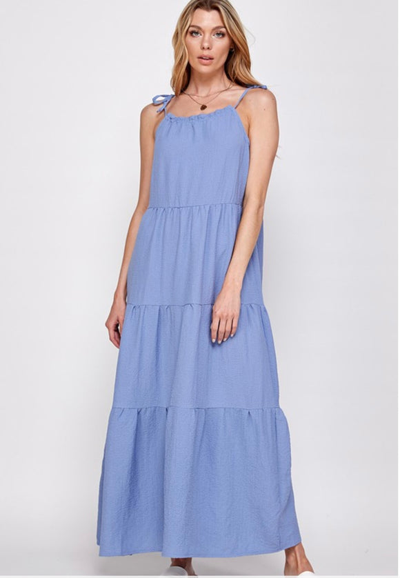 blue tied tiered maxi dress