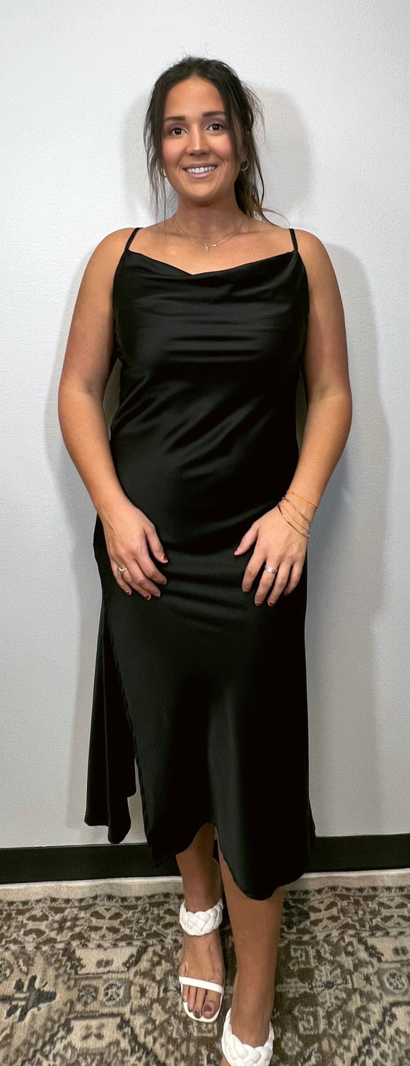 Black Satin Cow Neck Midi Dress