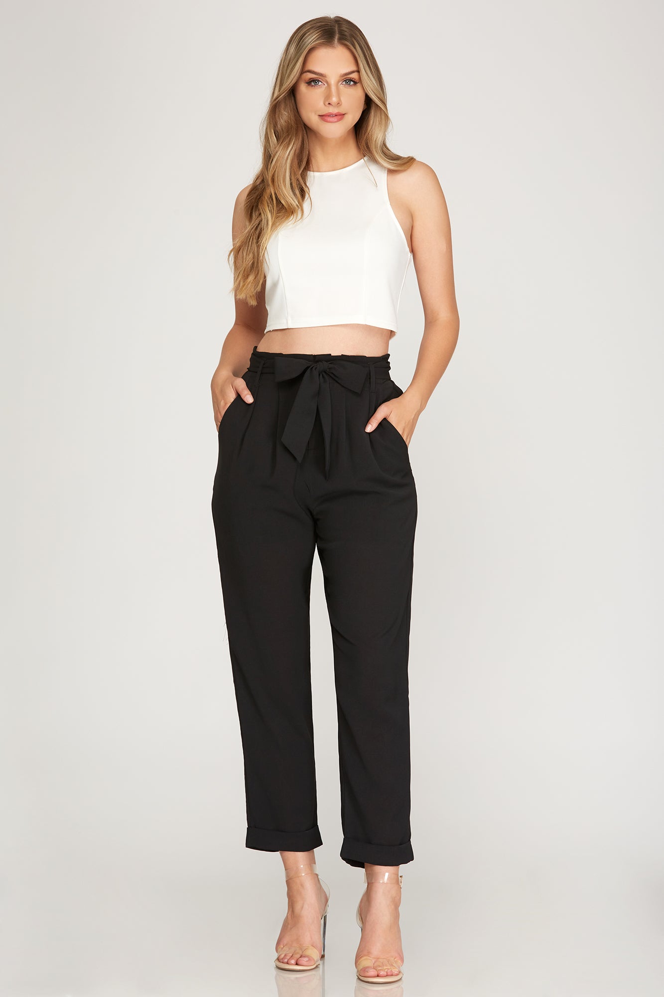 High Rise Paper Bag Waist Bow Tie Pants With Spandex – LOVE MODA