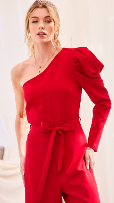 Red One Shoulder Puff Sleeve Jumpsuit