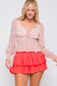 Cream/coral Floral Print rouched Blouse