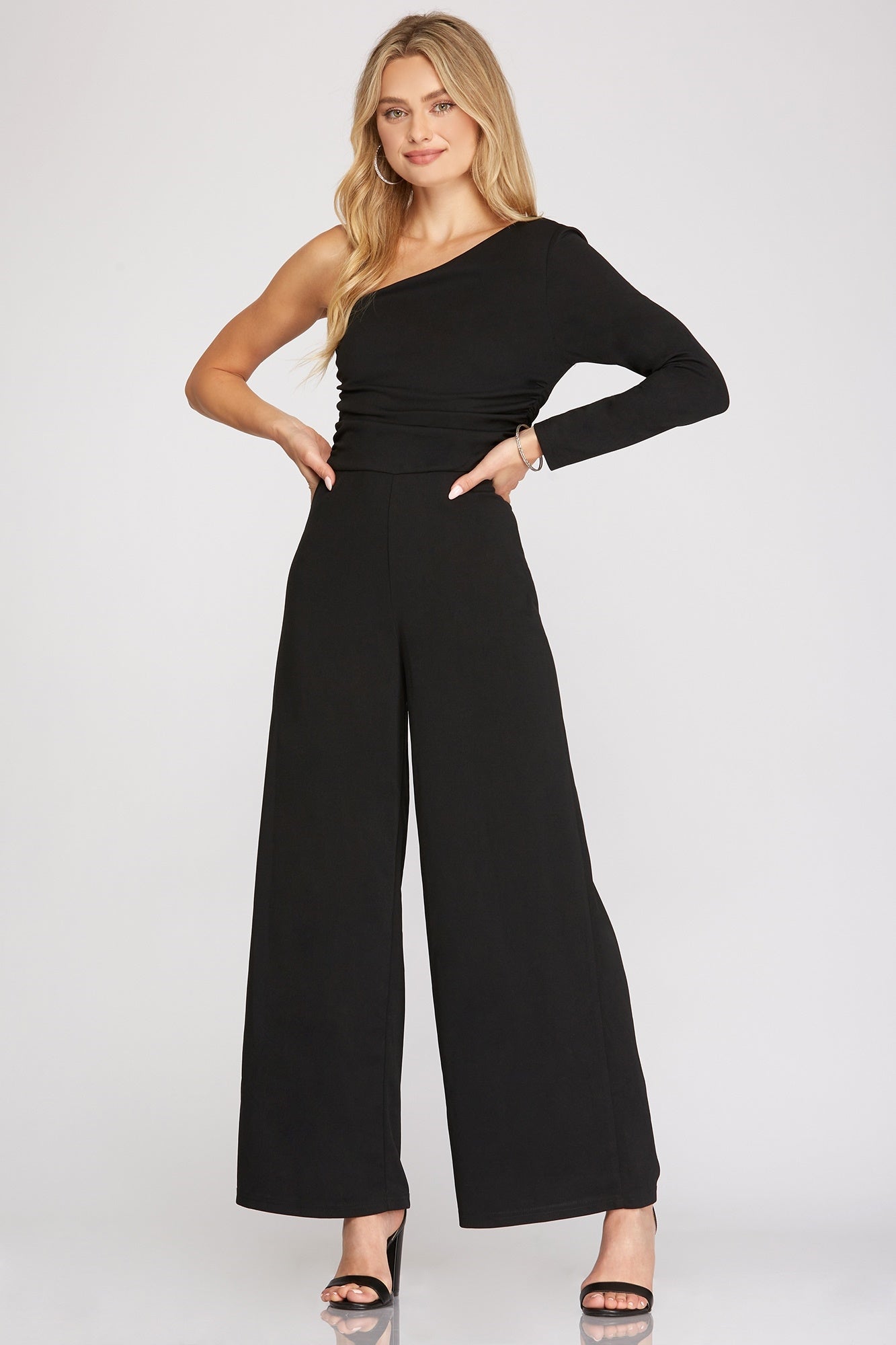Black Knit One Shoulder Jumpsuit by June
