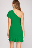 Green One Shoulder Ruffle Dress
