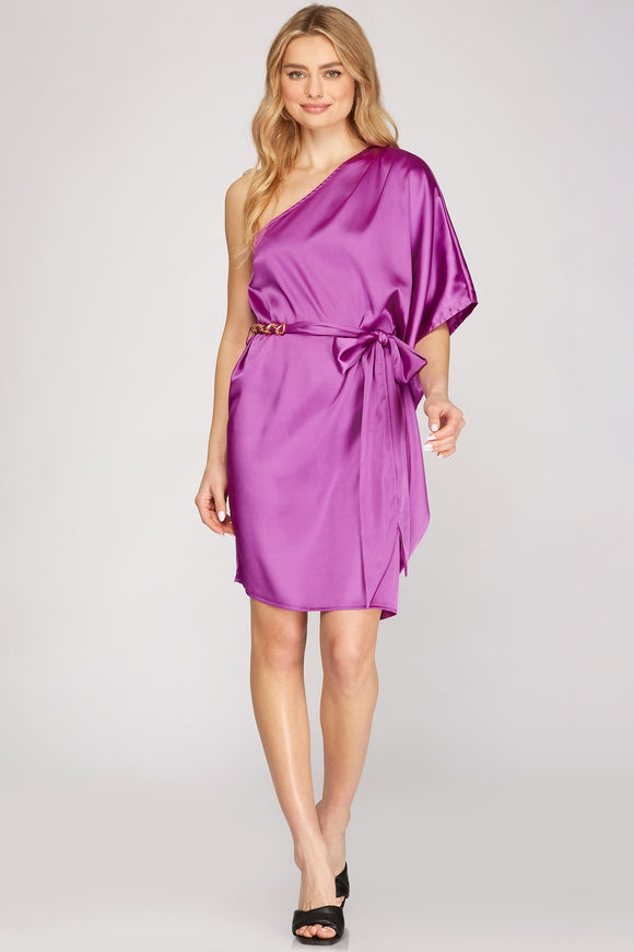 Magenta One Shoulder Satin Dress