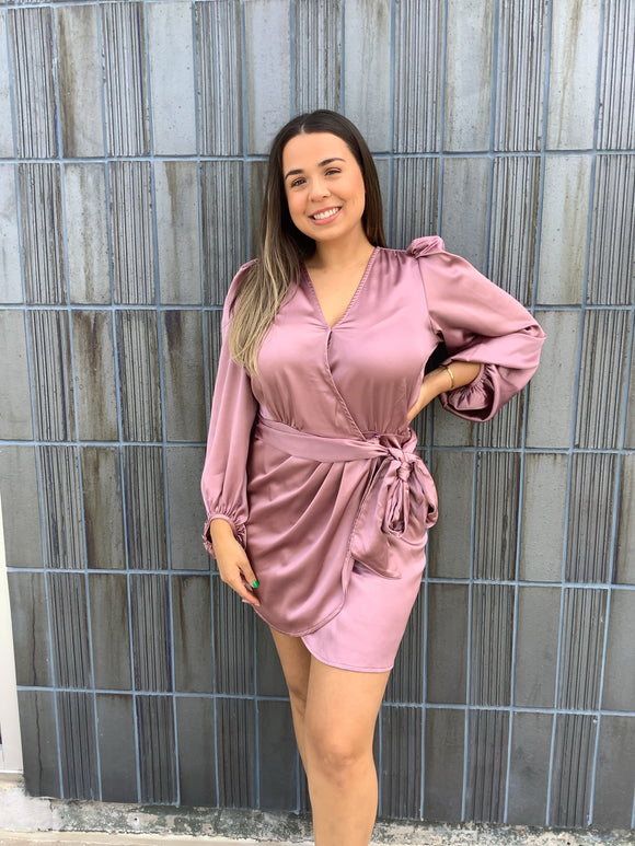 Mauve Satin Long Sleeve Wrap Dress