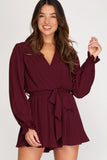 Burgundy Long Sleeve Pleated Romper